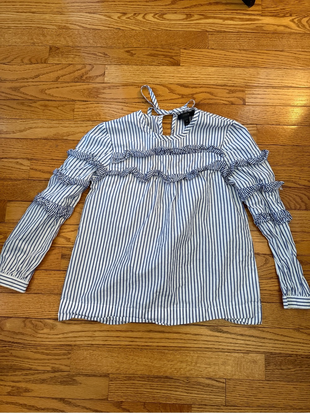 J. Crew Blue and White Striped Ruffle Long-Sleeve Blouse